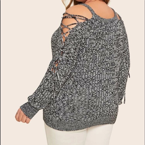 Plus black white lace up sleeve marled sweater - Picture 3 of 5